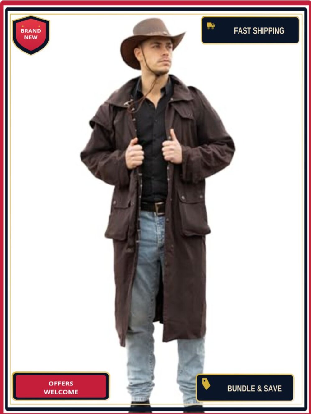 Oilskin Cotton Cowboy Duster Coat Water-Resistant Long Western Jacket Men